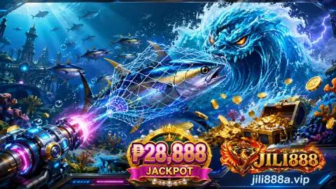 JILI888 fishing cannon holding a visible beam line beneath a moving golden target