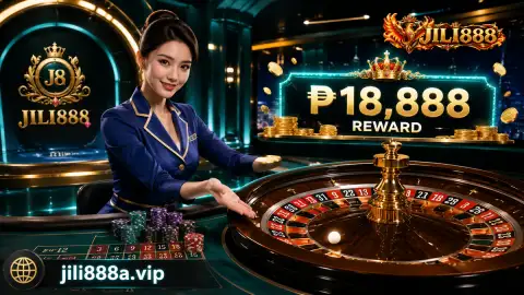 JILI888 live casino baccarat table preparation with hands, card shoe, cards and chips