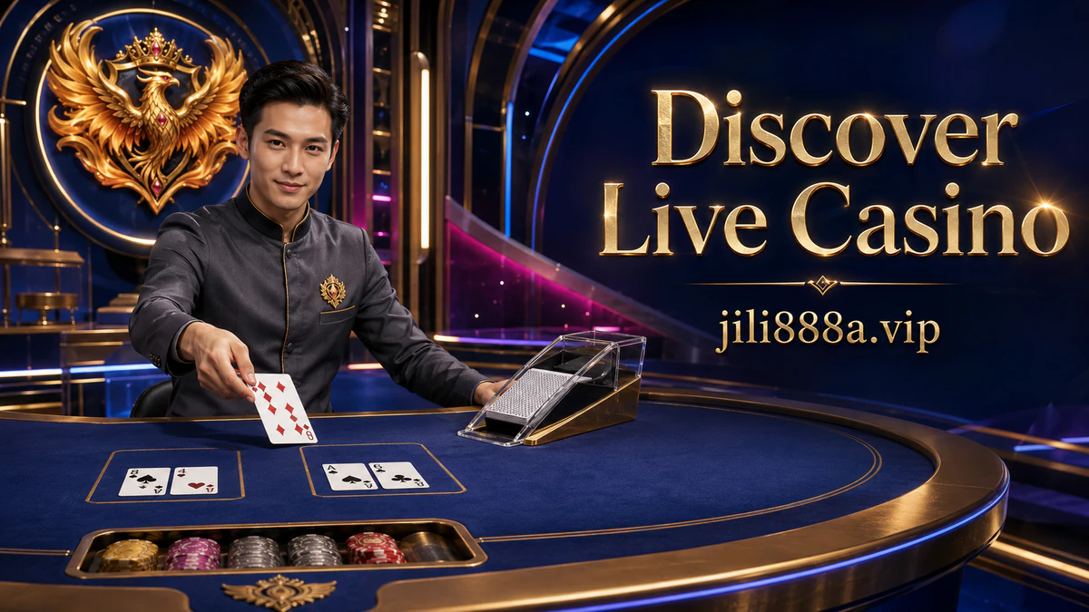 JILI888 online casino register live table scene with dealer-side cards, chips and warm casino lighting